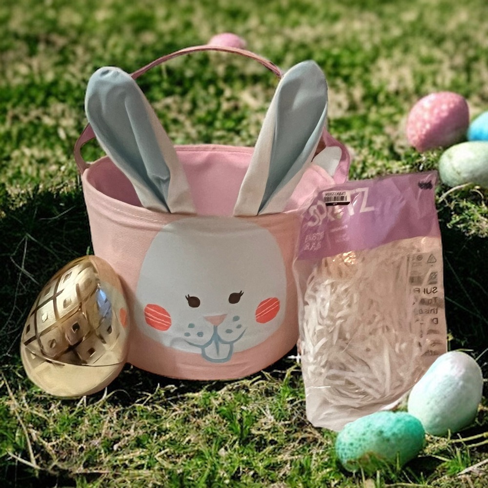 Spritz Easter Bunny Basket Set Pink New Fabric Bucket Gold Egg White Grass
